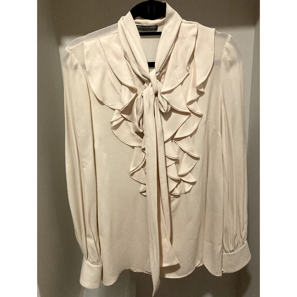 Alexander Mcqueen Ruffled Silk Georgette tie-neck blouse sz 38 $1375